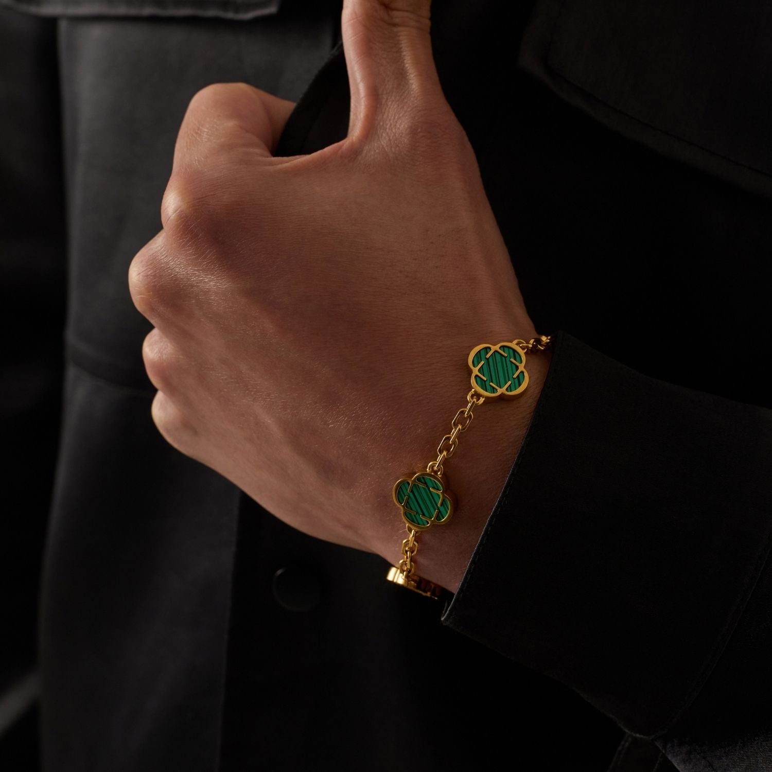 Malachite Clover Stone Bracelet (Gold)