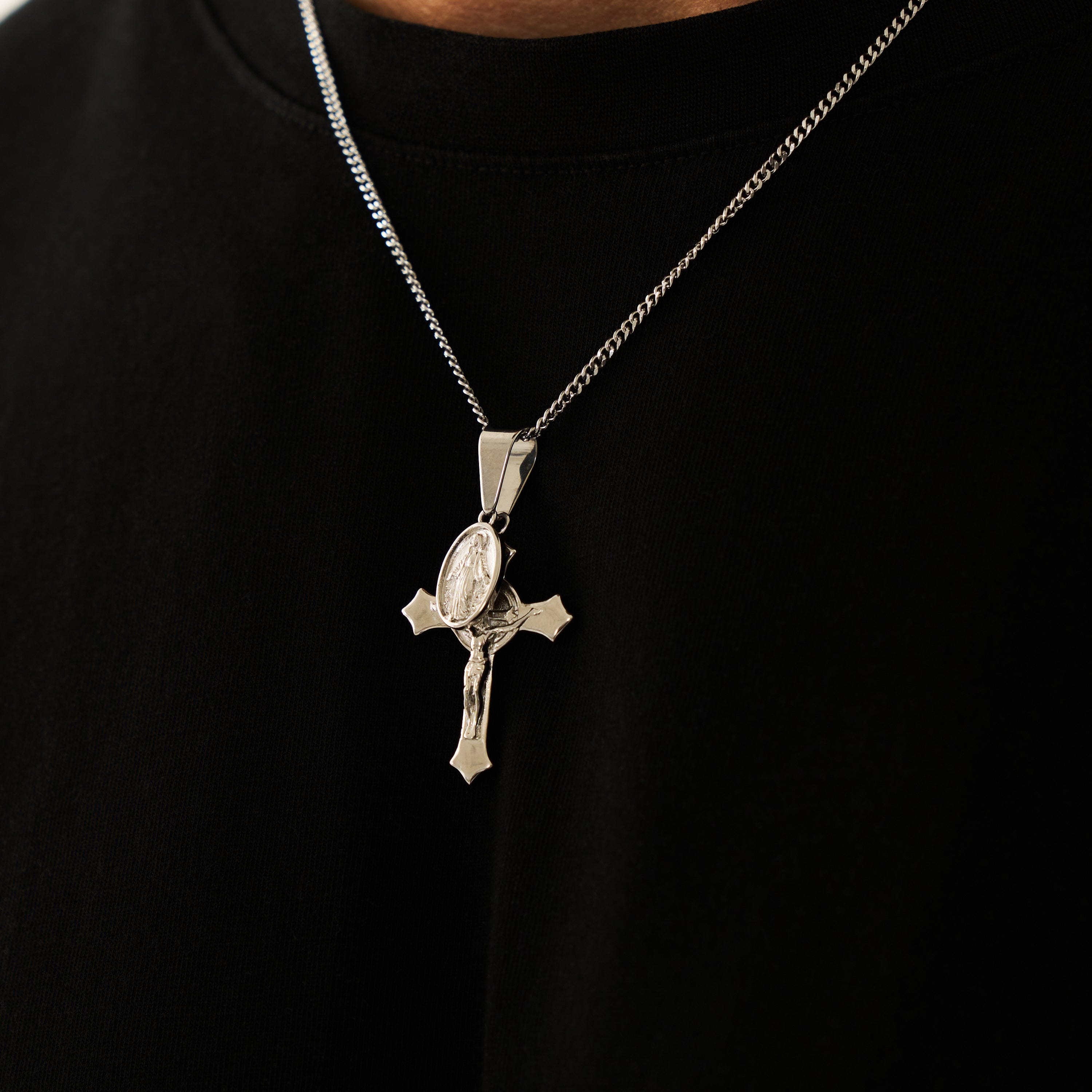 Jesus & Mary Cross Pendant (Silver)