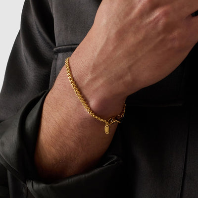 Gold chain bracelet on a person's wrist with a plain background