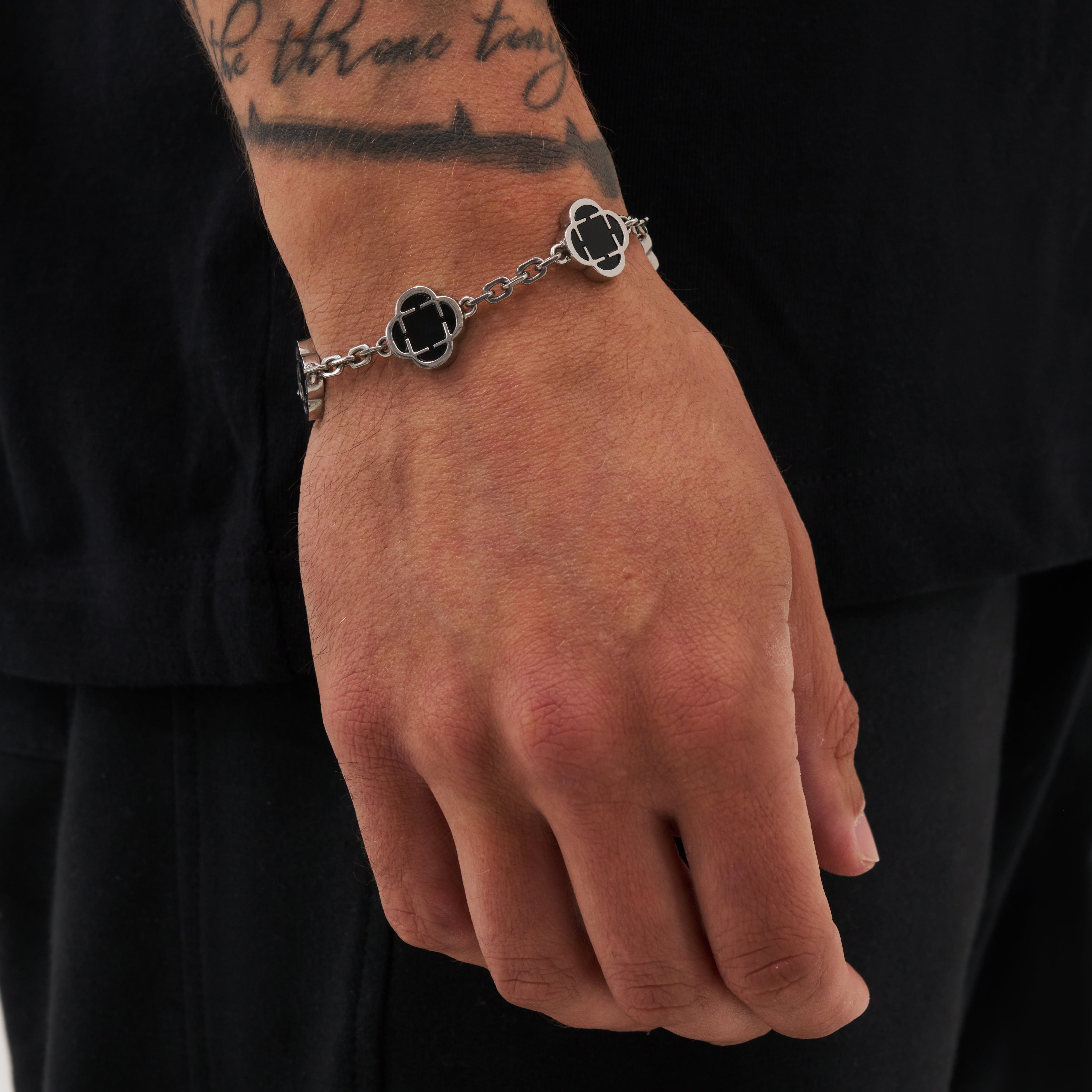Onyx Clover Stone Bracelet (Silver)