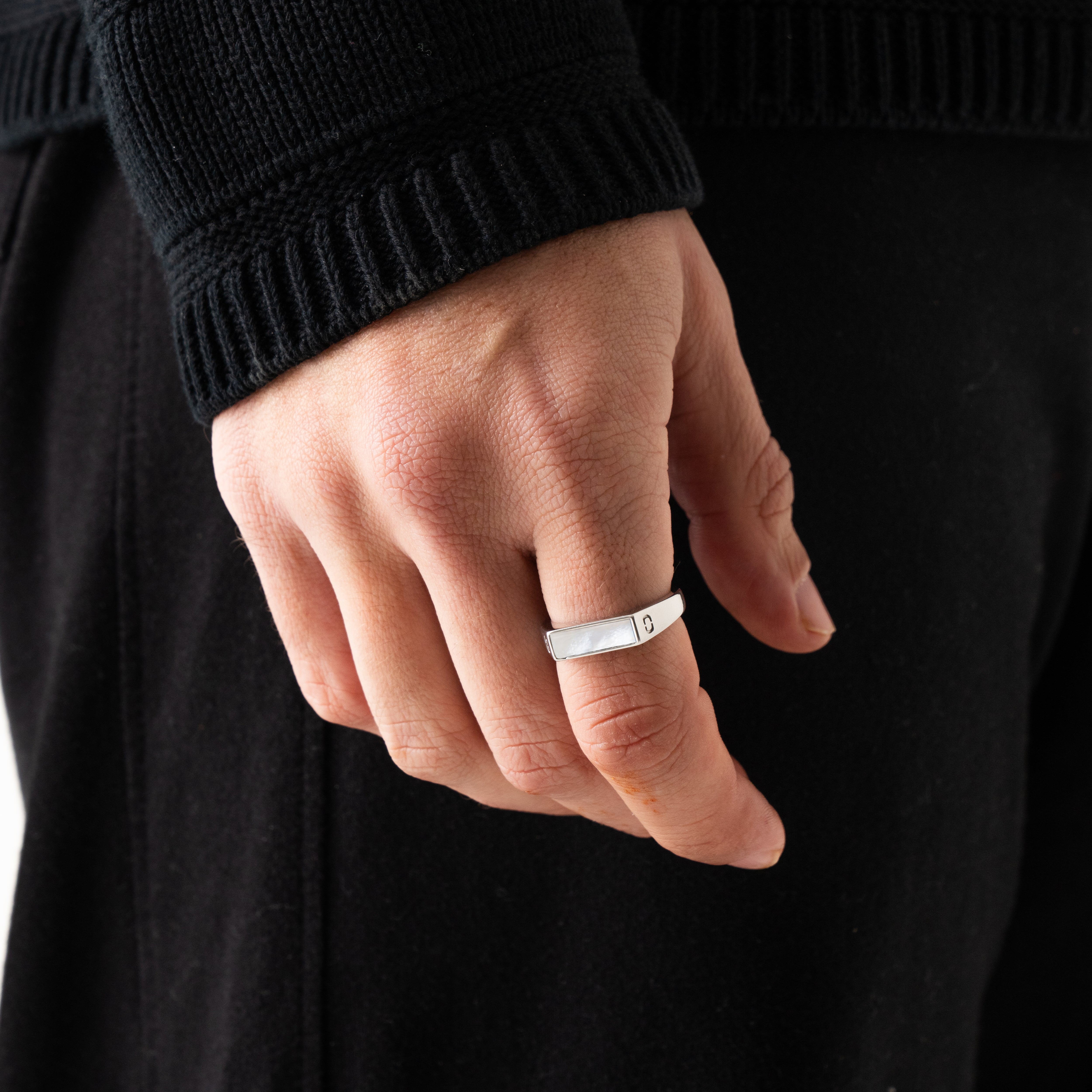 White Rectangle Stone Signet Ring (Silver)