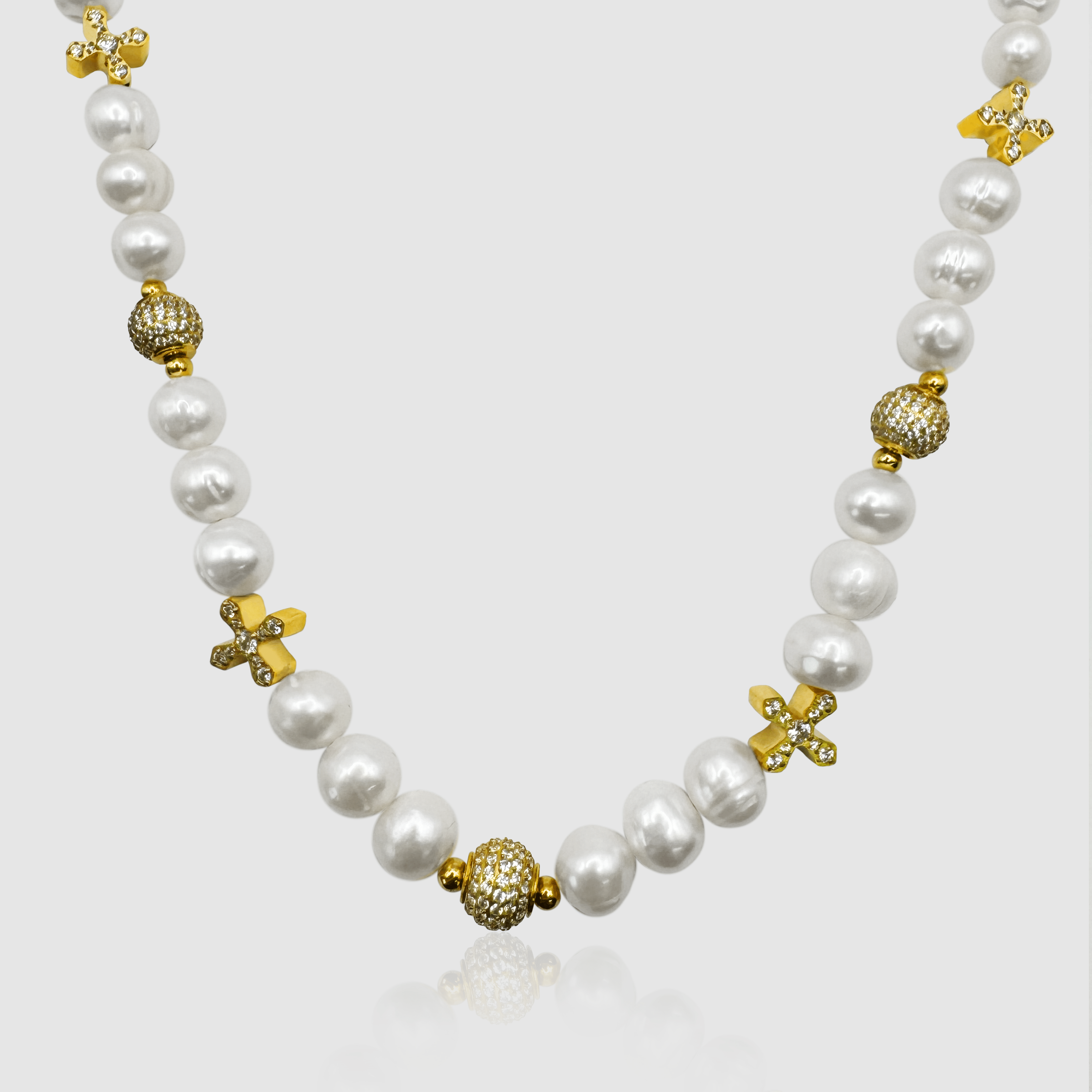 Iced Cross Real Pearl Necklace (Gold)