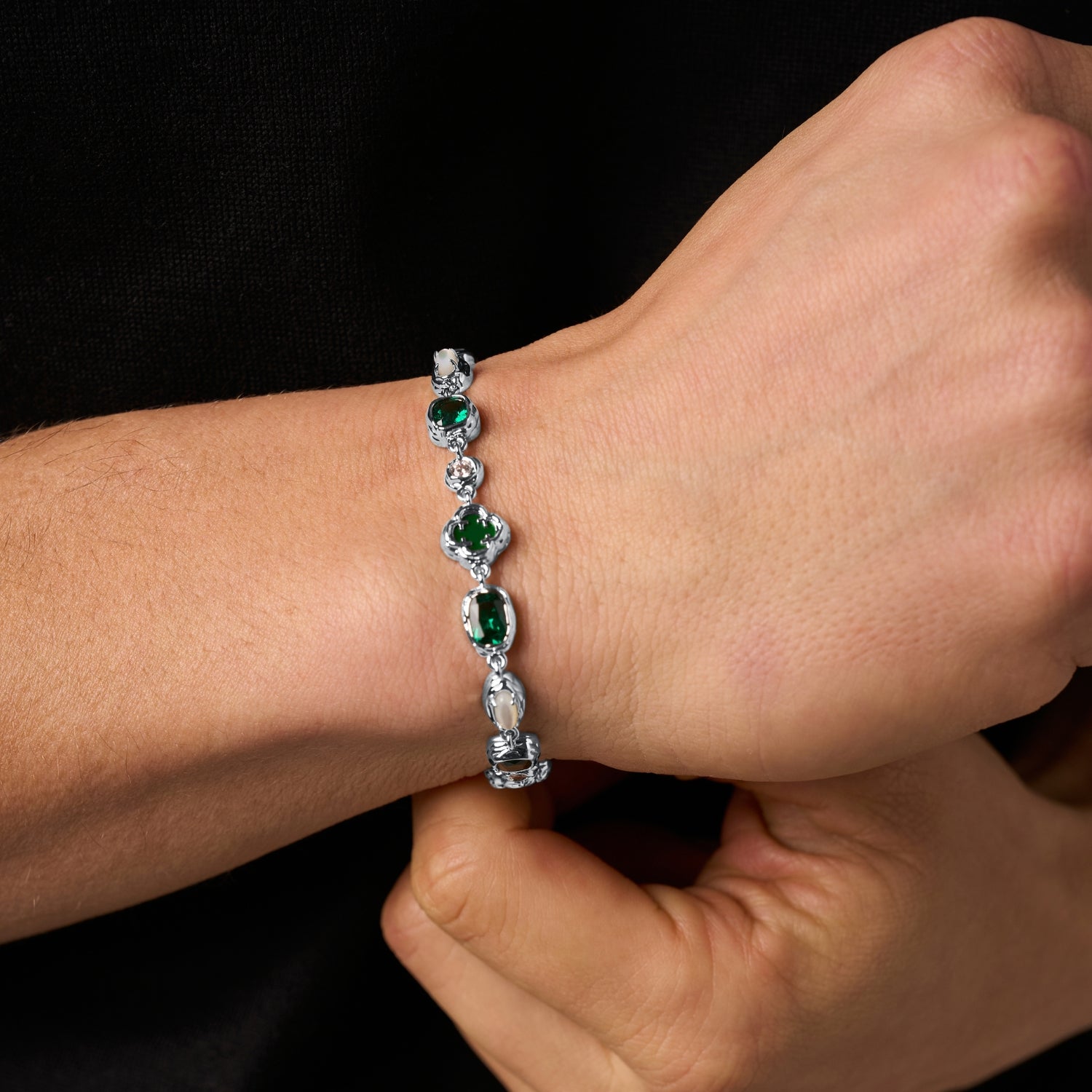Melted Emerald Gemstone Bracelet (Silver)