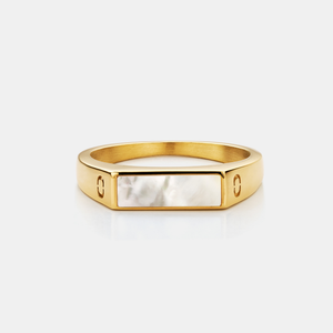 White Rectangle Stone Signet Ring (Gold)
