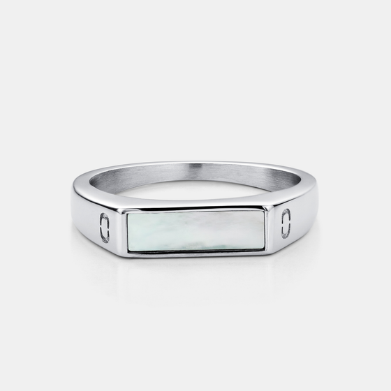 White Rectangle Stone Signet Ring (Silver)