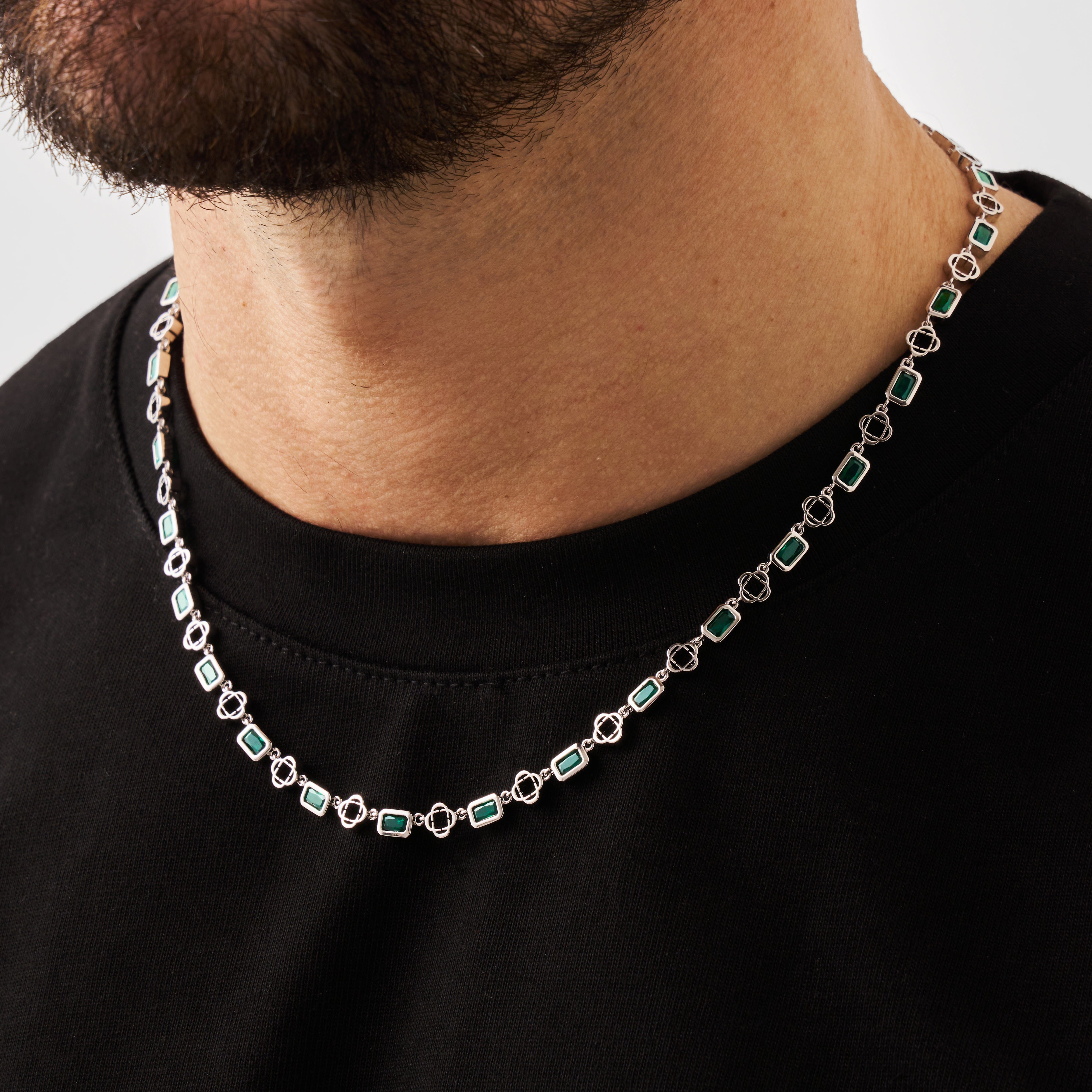 Green Gemstone Clover Necklace (Silver)
