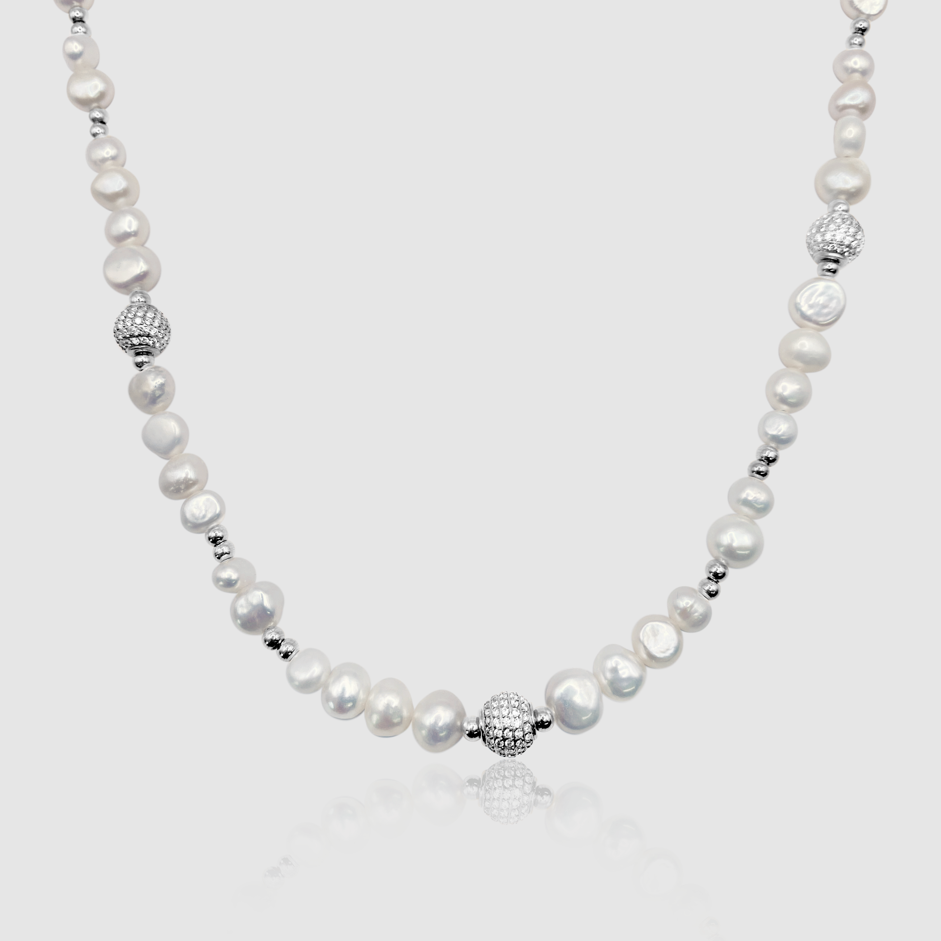 Iced Beaded Real Pearl Necklace (Silver)