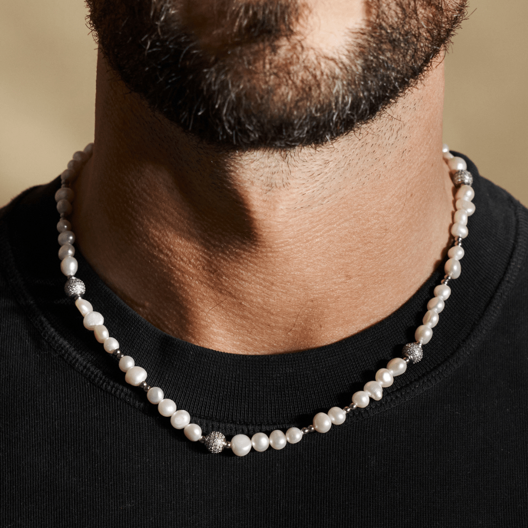 Iced Beaded Real Pearl Necklace (Silver)